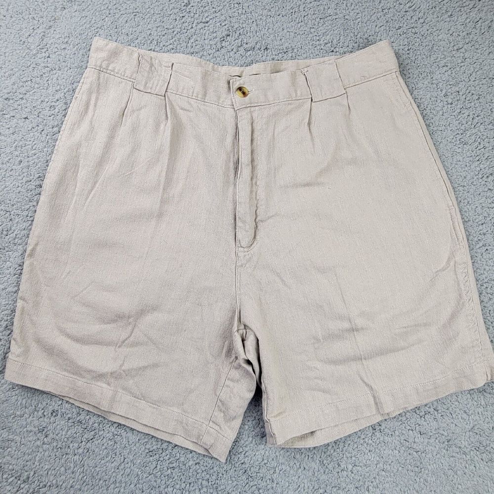 BUGLE BOY Men’s Size 34 Beige Khaki Linen Cotton Pleated Casual Shorts MID Rise